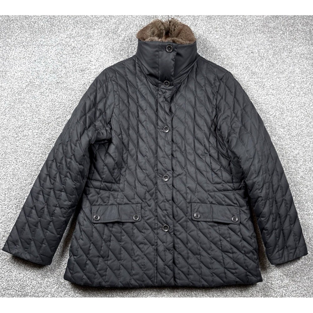 Eddie Bauer Quilted Coat Women's Large Black Goose Down Faux Fur Winter
